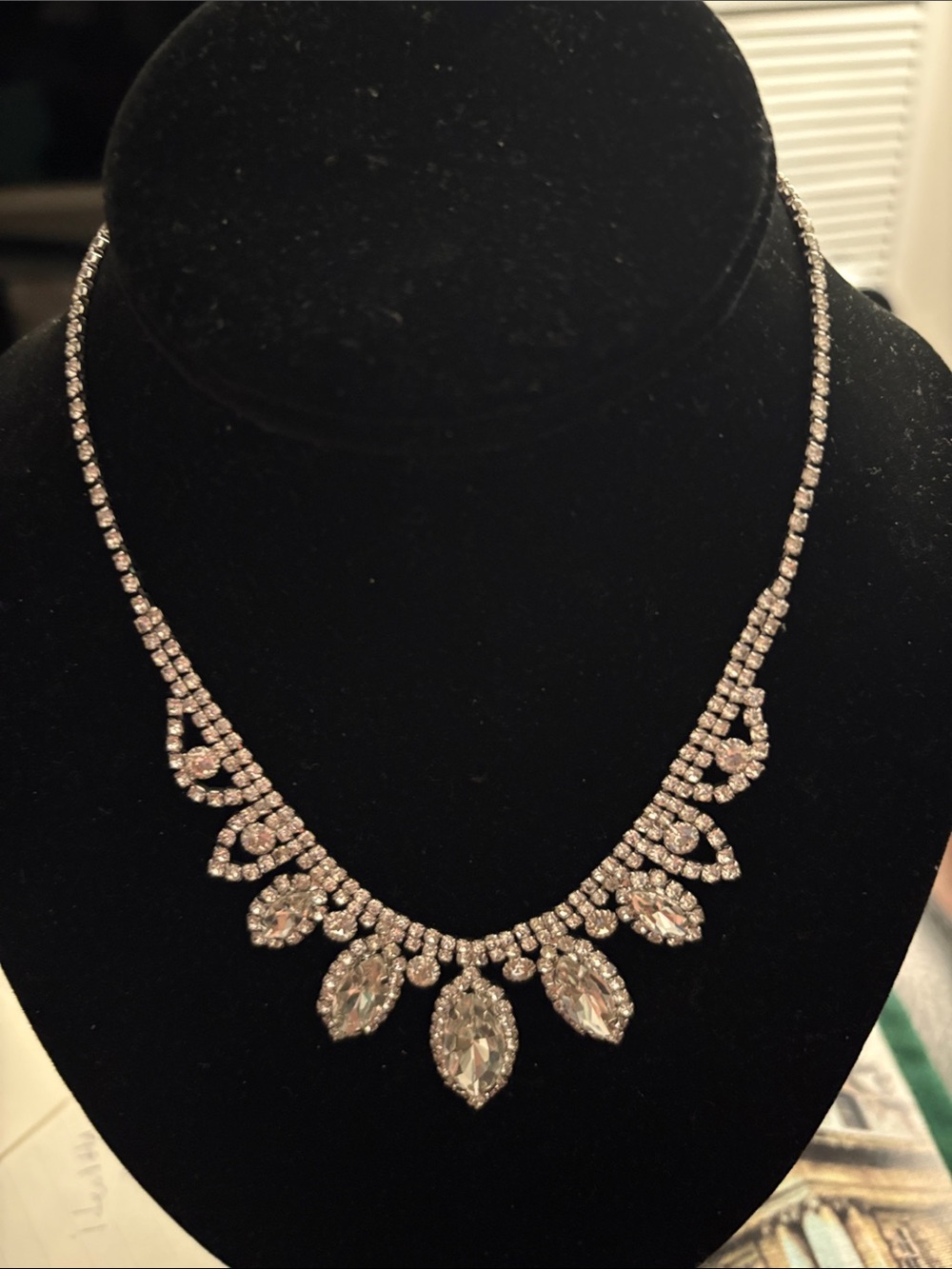 Vintage Silver Tone Crystal Teardrop Statement Necklace